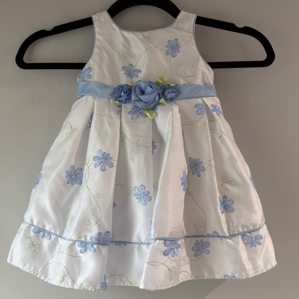 Jenny &‎ Me Floral Party Dress Girls White Blue Excellent Embroidered Sash
